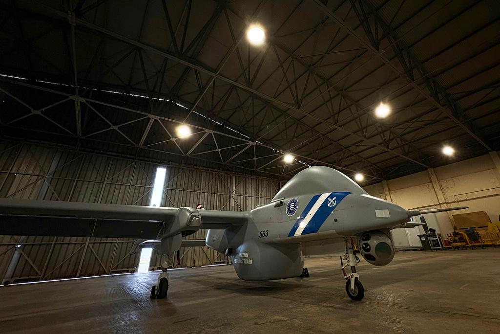 A Frontex HERON2 UAV drone is parked at Tympaki airport on Crete island, Greece, Tuesday, Feb. 17, 2026. (AP Photo/Lefteris Pitarakis)
