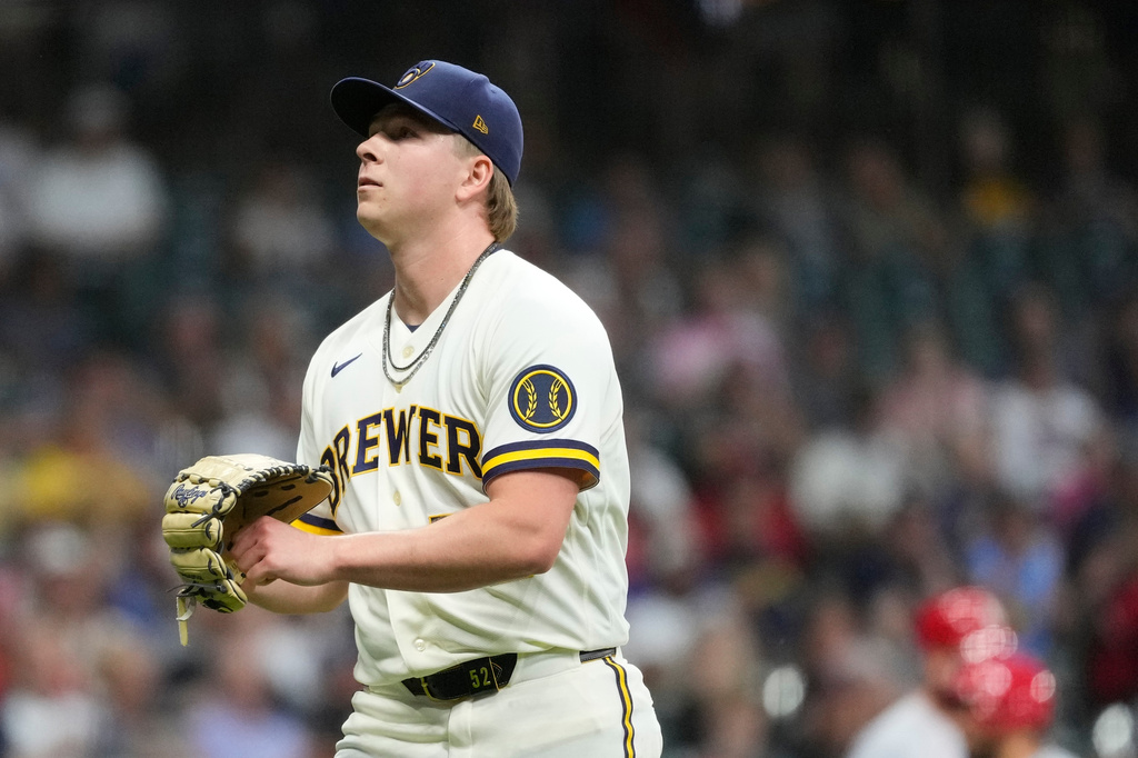 Milwaukee Brewers' Kyle Harrison looks on as he walks to the dugout during the sixth inning of a baseball game against the St. Louis Cardinals, Tuesday, May 26, 2026, in Milwaukee. (AP Photo/Aaron Gash)