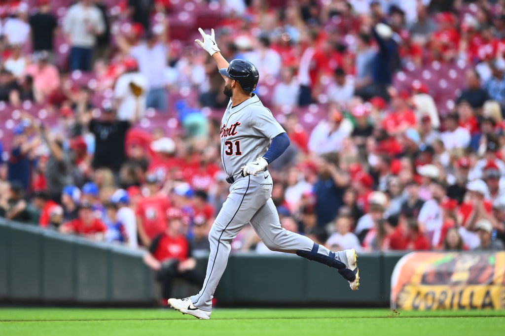 Detroit Tigers' Riley Greene reacts after hitting a solo home run during the second inning of a baseball game against the Cincinnati Reds in Cincinnati, Friday, April 24, 2026. (AP Photo/Ben Jackson)