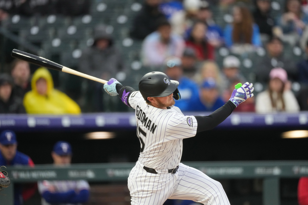 Colorado Rockies' Hunter Goodman strikes out against Texas Rangers starting pitcher Tyler Alexander in the first inning of a baseball game Tuesday, May 19, 2026, in Denver. (AP Photo/David Zalubowski)