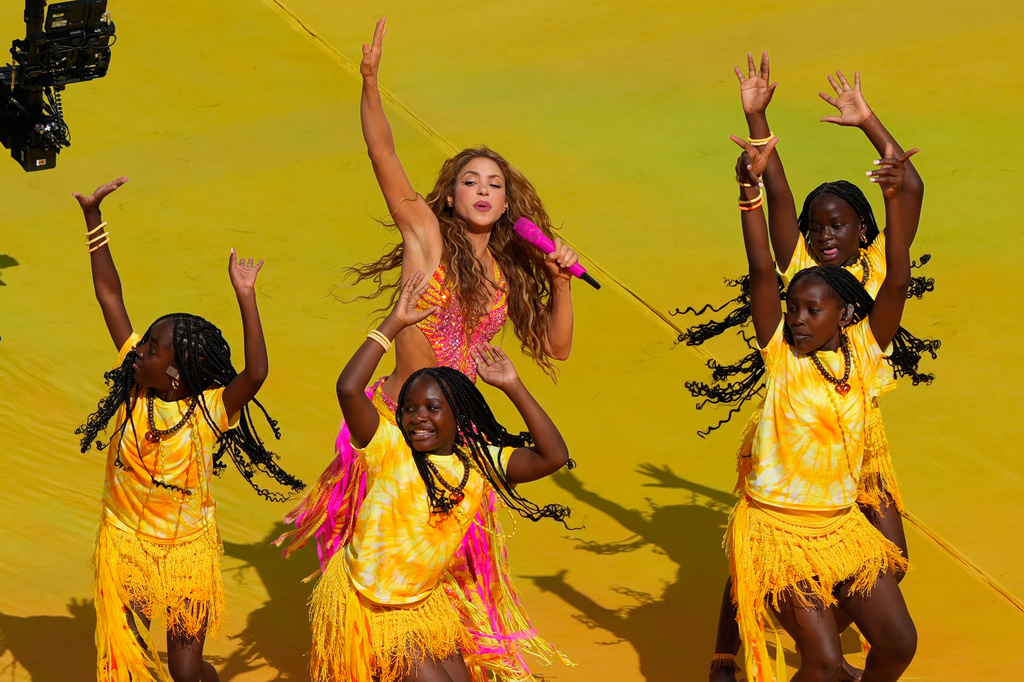 Shakira performs at halftime of the World Cup final soccer match between Spain and Argentina in East Rutherford, N.J., near New York, Sunday, July 19, 2026. (AP Photo/Yuki Iwamura)