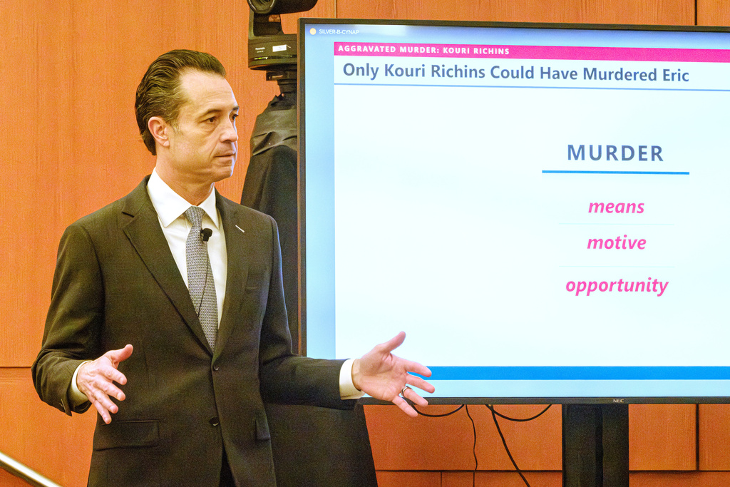 Summit County Prosecutor Brad Bloodworth presenting the state's final arguments in the trial of Kouri Richins, accused of poisoning her husband in March 2022, Monday, March 16, 2026, in Third District Court in Park City, Utah. (David Jackson/Pool Photo via AP)