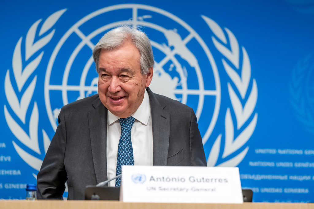 U.N. Secretary-General Antonio Guterres, speaks, during a press conference about the Sevilla Forum on Debt launched at UNCTAD16 to tackle the entrenched debt crisis in developing countries at the European headquarters of the United Nations, in Geneva, Switzerland, Wednesday, Oct. 22, 2025. (Martial Trezzini/Keystone via AP)