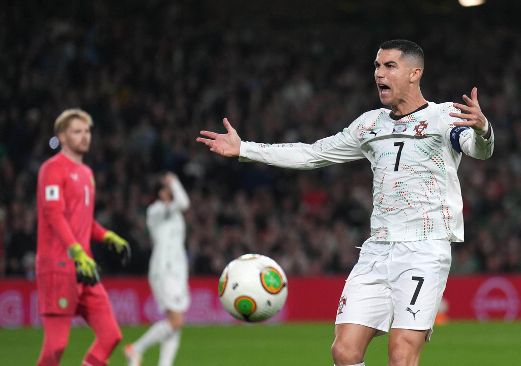 Portugal's Cristiano Ronaldo reacts during a World Cup 2026 group F qualifying soccer match between Ireland and Portugal in Dublin, Thursday, Nov. 13, 2025. (Niall Carson/PA via AP)