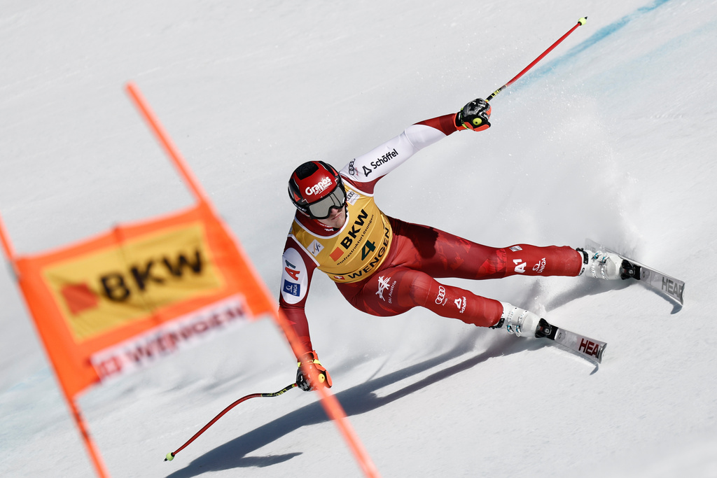 Austria's Stefan Babinsky speeds down the course during an alpine ski, men's World Cup super-G, in Wengen, Switzerland, Friday Jan. 16, 2026. (AP Photo/Gabriele Facciotti)