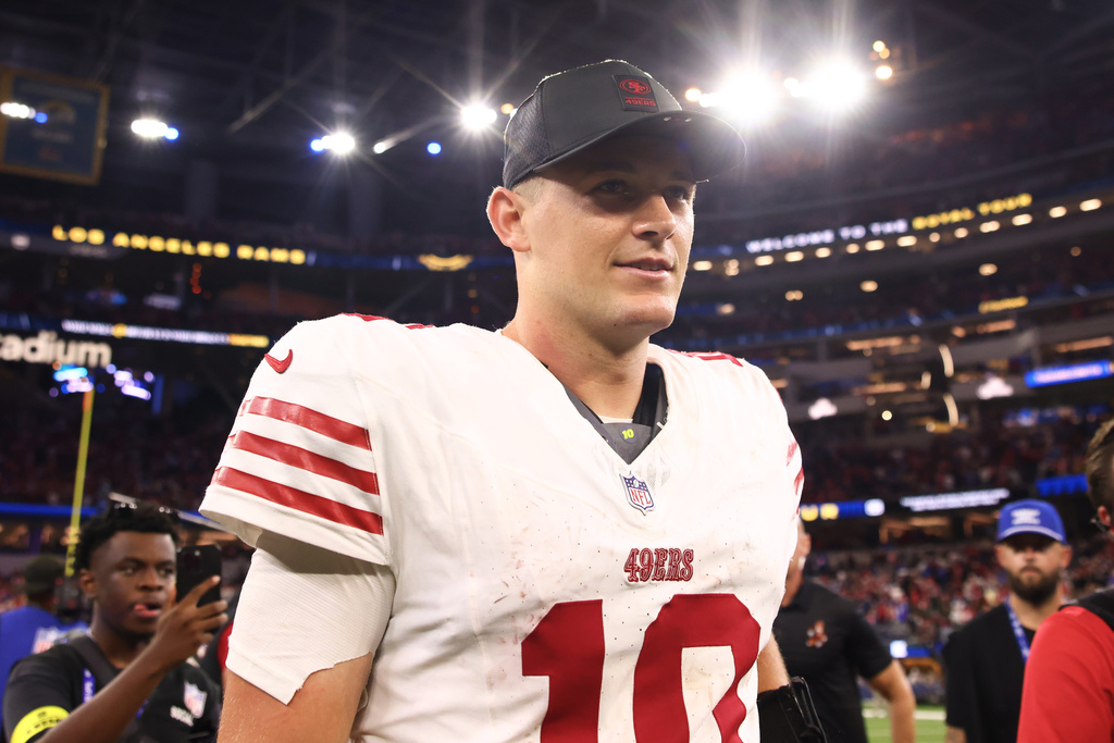 San Francisco 49ers quarterback Mac Jones reacts after the 49ers defeated the Los Angeles Rams in overtime of an NFL football game, Thursday, Oct. 2, 2025, in Inglewood, Calif. (AP Photo/Jessie Alcheh)