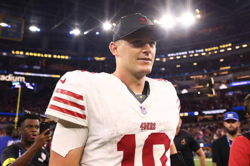 San Francisco 49ers quarterback Mac Jones reacts after the 49ers defeated the Los Angeles Rams in overtime of an NFL football game, Thursday, Oct. 2, 2025, in Inglewood, Calif. (AP Photo/Jessie Alcheh) San Francisco 49ers quarterback Mac Jones reacts after the 49ers defeated the Los Angeles Rams in overtime of an NFL football game, Thursday, Oct. 2, 2025, in Inglewood, Calif. (AP Photo/Jessie Alcheh)