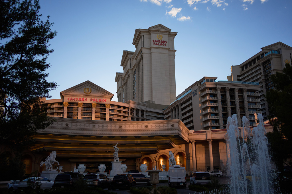 FILE - The fountains at Caesars Palace hotel-casino along the Las Vegas Strip on April 30, 2026, in Las Vegas. (AP Photo/John Locher, File)