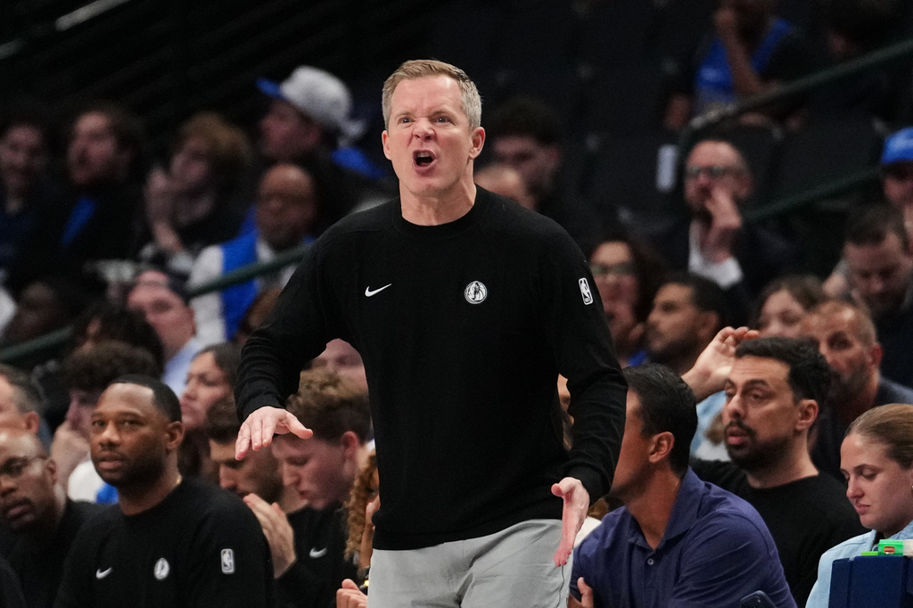 Dallas Mavericks head coach Dusty May instructs his team during the second half of a preseason NBA basketball game against the New Orleans Pelicans in Dallas, Wednesday, Oct. 14, 2026. (AP Photo/Tony Gutierrez)