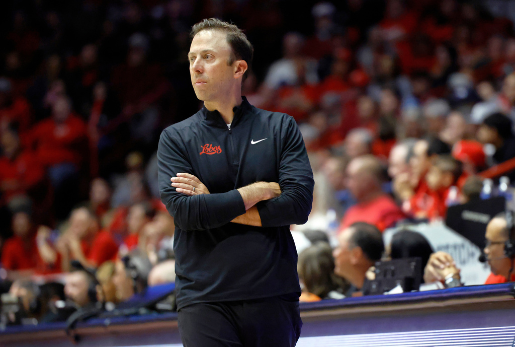 FILE - Then-New Mexico head coach Richard Pitino, now head coach at Xavier, watches his team during the second half of an NCAA college basketball game against UNLV, Friday, March 7, 2025, in Albuquerque, N.M. New Mexico won 81-67. (AP Photo/Eric Draper)