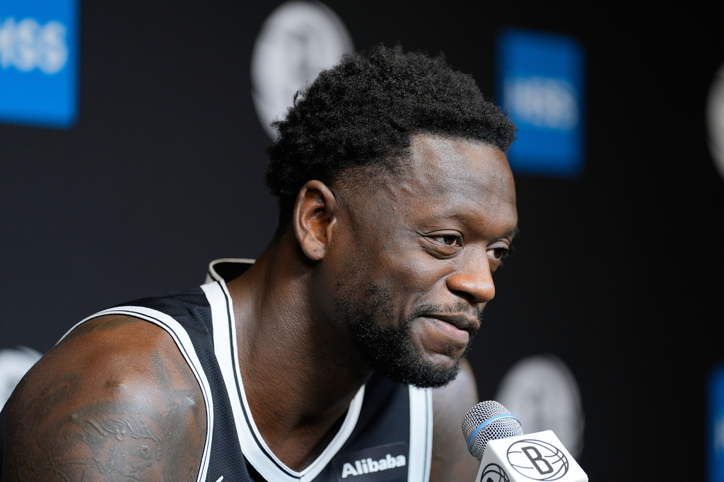 Brooklyn Nets' Julius Randle talks to reporters during a media day at the Brooklyn Nets training facility Monday, Sept. 28, 2026, in New York. (AP Photo/Seth Wenig)