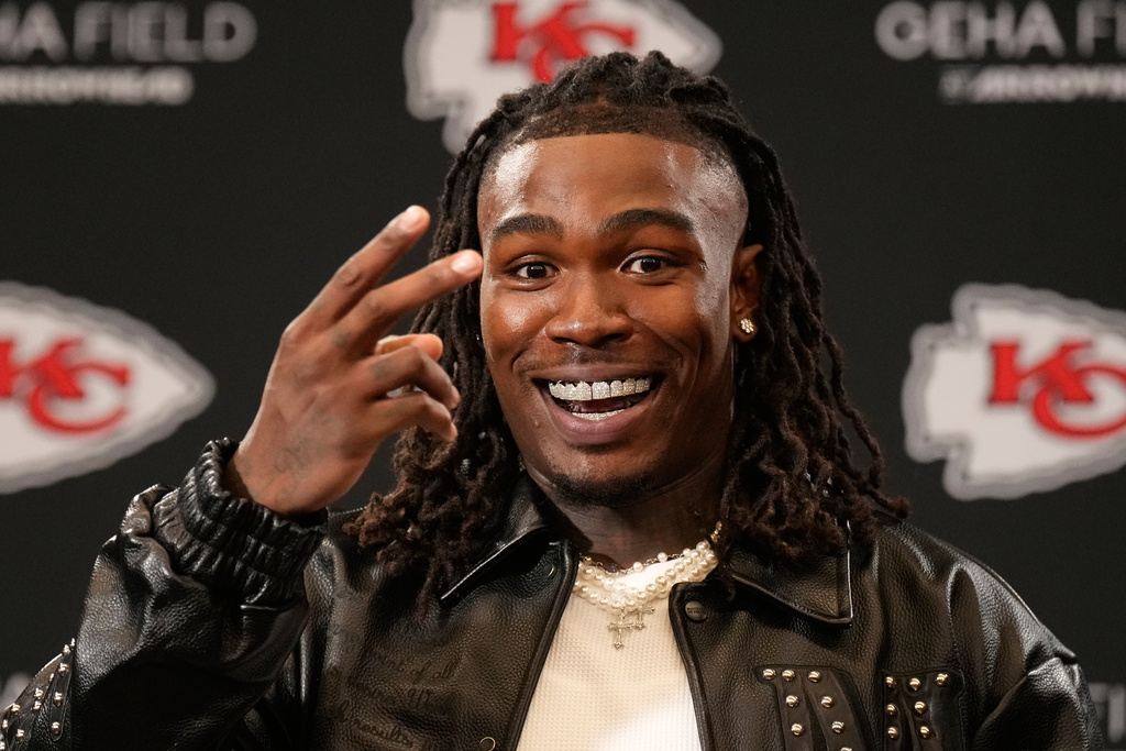Kansas City Chiefs wide receiver Rashee Rice speaks during a news conference following an NFL football game against the Las Vegas Raiders Sunday, Oct. 19, 2025, in Kansas City, Mo. (AP Photo/Charlie Riedel)
