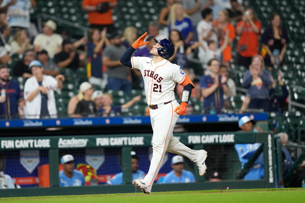 Houston Astros' Yainer Diaz celebrates after hitting a home run against the Kansas City Royals during the ninth inning of a baseball game Wednesday, Sept. 16, 2026, in Houston. (AP Photo/David J. Phillip)