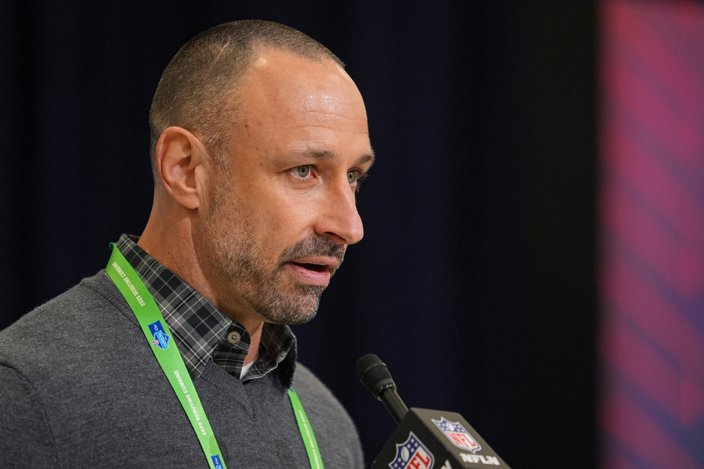 Miami Dolphins general manager Jon-Eric Sullivan speaks during a press conference at the NFL football scouting combine in Indianapolis, Tuesday, Feb. 24, 2026. (AP Photo/Michael Conroy)