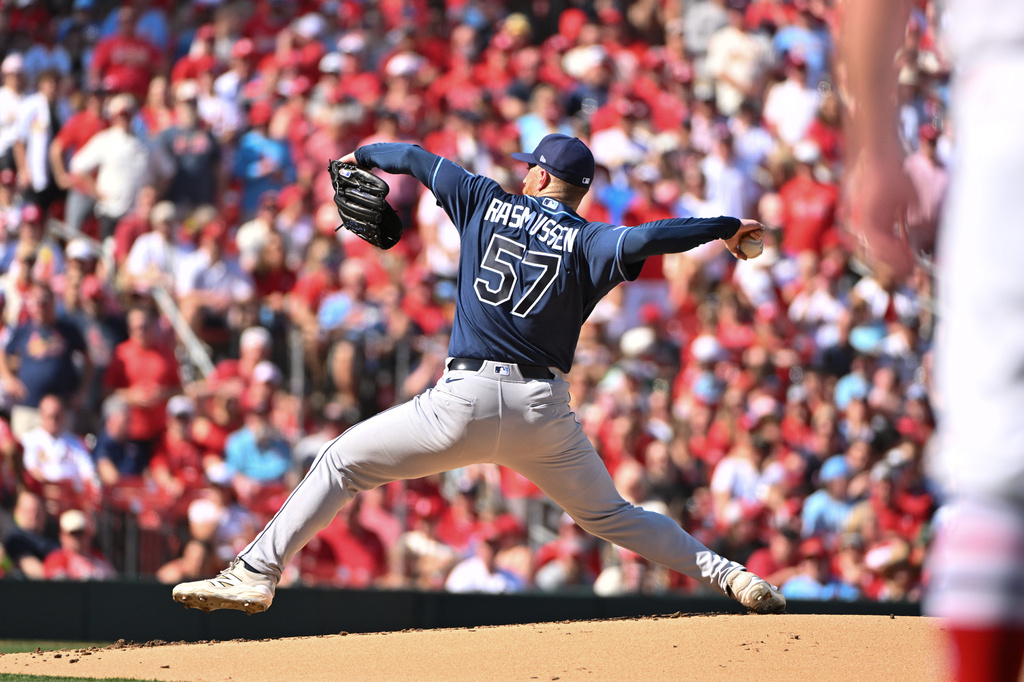 Tampa Bay Rays' Drew Rasmussen pitches against the St. Louis Cardinals during the first inning of an opening-day baseball game, Thursday, March 26, 2026, in St. Louis. (AP Photo/Jeff Le)