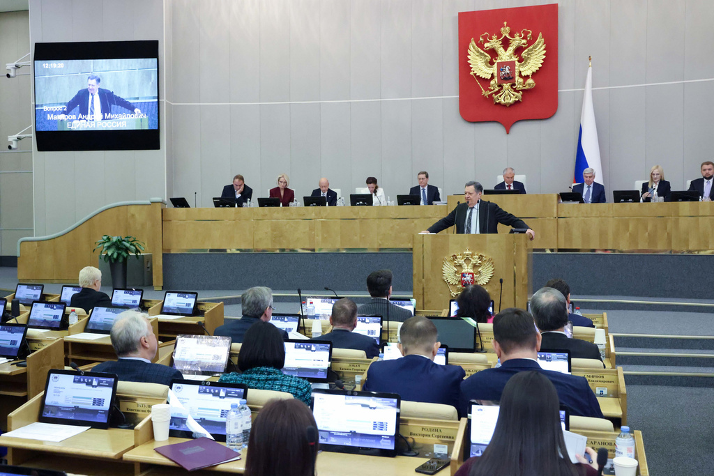 In this photo, provided by The State Duma, The Lower House of the Russian Parliament Press Service, deputies attend a session at the State Duma, the lower house of the Russian parliament in Moscow, on Thursday, Nov. 20, 2025. (The State Duma, The Federal Assembly of The Russian Federation via AP)