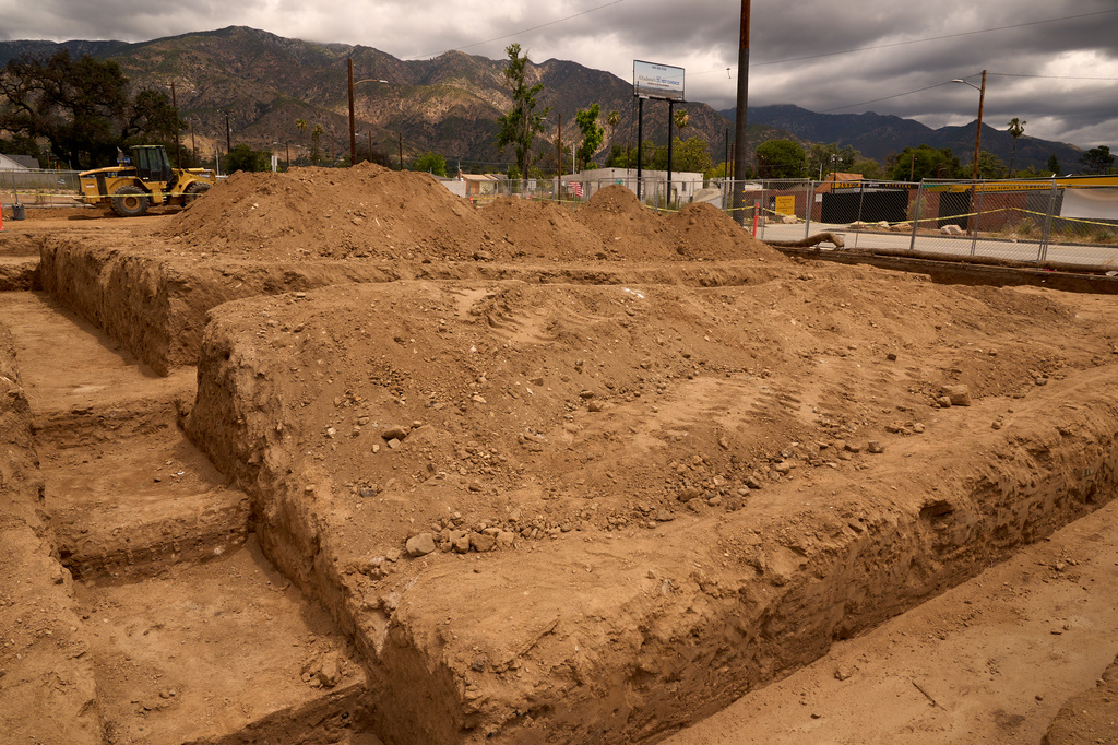 The new foundation for the Fountain of Life Nazarene Church is seen in Altadena, Calif., April 26, 2026. (AP Photo/Damian Dovarganes)