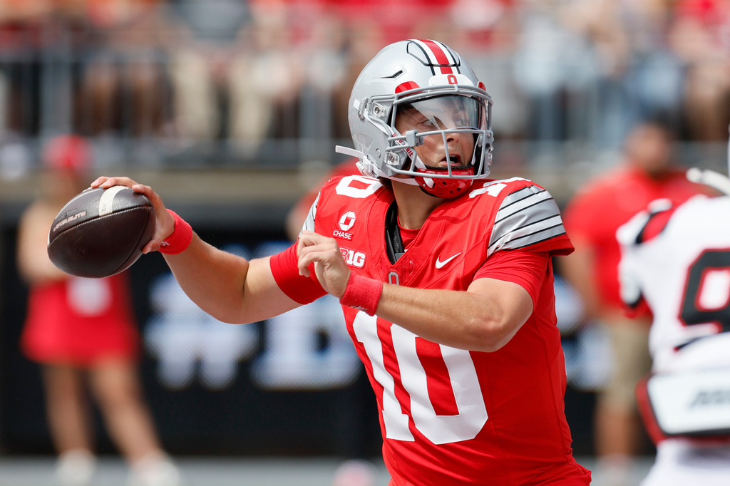 Ohio State quarterback Julian Sayin throws a pass against Ball State during the first half of an NCAA college football game, Saturday, Sept. 5, 2026, in Columbus, Ohio. (AP Photo/Jay LaPrete)