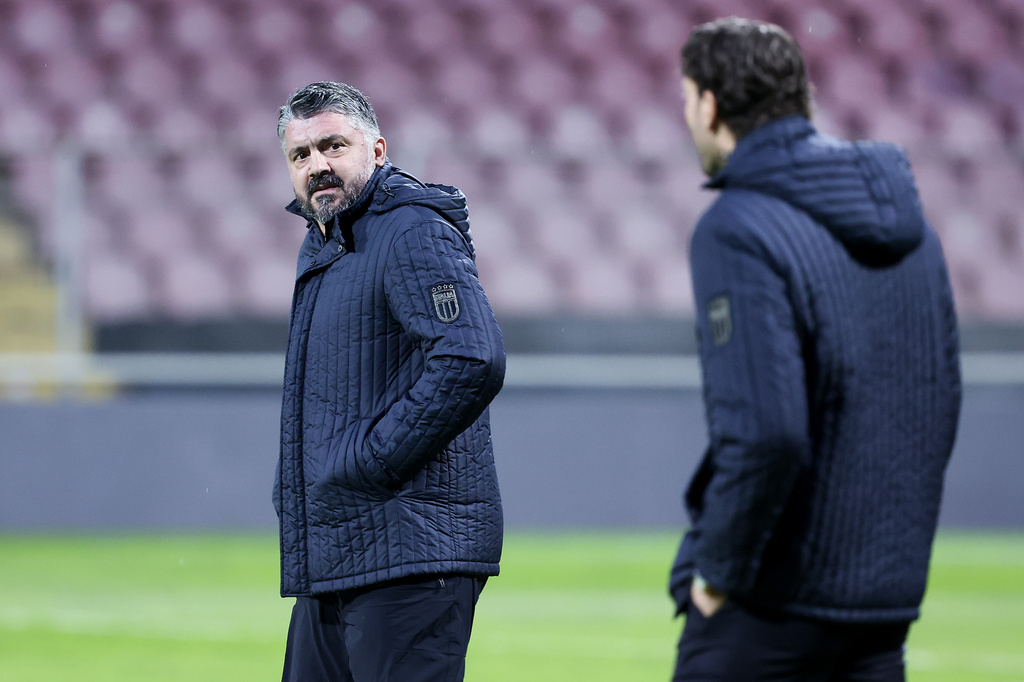 Italy's head coach Gennaro Gattuso walks on the pitch ahead of Tuesday's World Cup playoff final soccer match against Bosnia, at the Bilino Polje stadium, in Zenica, Bosnia, Monday, March 30, 2026. (AP Photo/Armin Durgut)