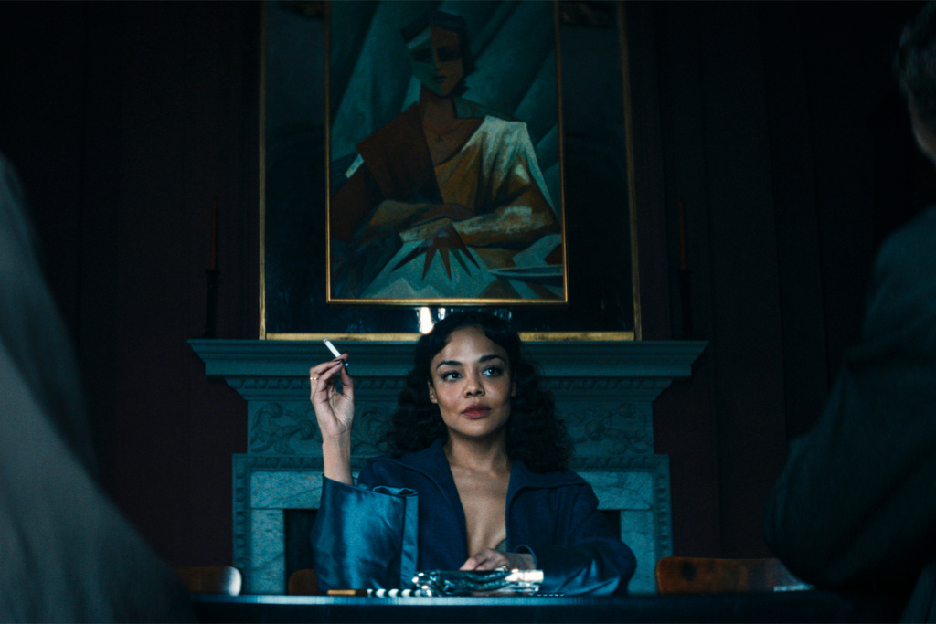 This image released by Prime shows Tessa Thompson in a scene from "Hedda." (Prime via AP)