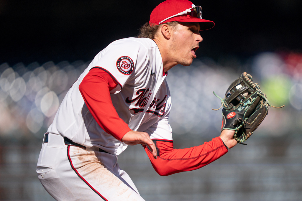 Washington Nationals third baseman Brady House fields a ground ball against St. Louis Cardinals in the second inning during a baseball game, Wednesday, April 8, 2026, in Washington. (AP Photo/Nathan Howard)