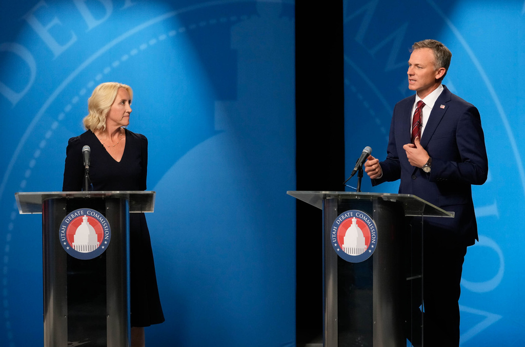 Candidates Karianne Lisonbee and Blake Moore participate in the 2nd Congressional District GOP primary debate in Salt Lake City, Utah, Monday, June 1, 2026. (Francisco Kjolseth/The Salt Lake Tribune via AP, Pool)