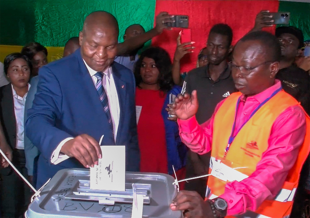 FILE - In this image from video, President of the Central African Republic Faustin-Archange Touadera casts his ballot at a polling station in Bangui, Central African Republic, Sunday, July 30, 2023. (AP Photo/File)