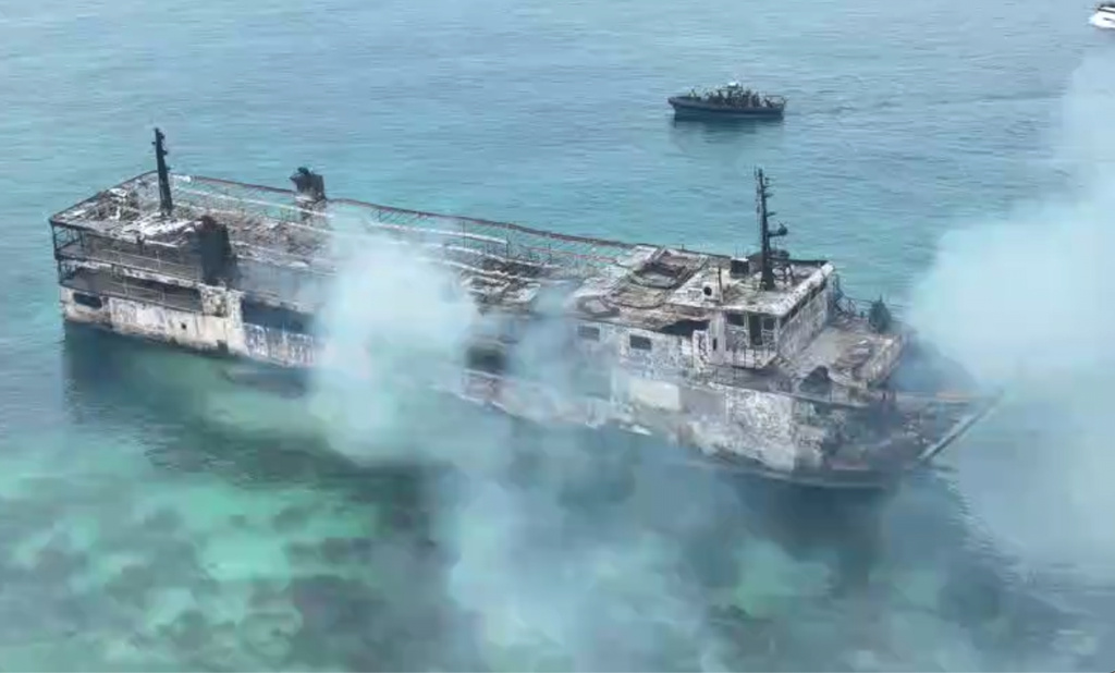 In this image taken from video provided by the Philippine Coast Guard, remains of ferry MV June Aster that caught fire off Palawan province, western Philippines on Thursday Sept. 10, 2026. (Philippine Coast Guard via AP)