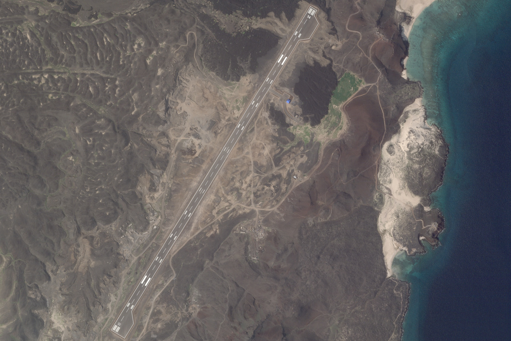 This satellite image from Planet Labs PBC shows an airstrip built on Zuqar Island, Yemen, in the Red Sea on Sunday, Oct. 19, 2025. (Planet Labs PBC via AP)