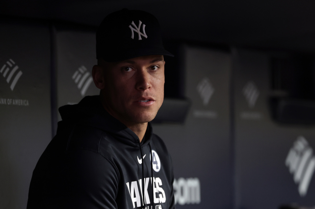 New York Yankees right fielder Aaron Judge (99) looks on from the dugout during the seventh inning of a baseball game against the Cleveland Guardians, Tuesday, June 2, 2026, in New York. (AP Photo/Adam Hunger)