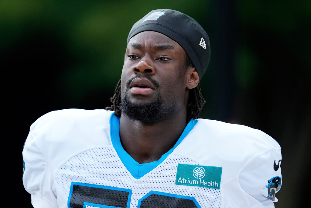 FILE - Carolina Panthers linebacker Mapalo Mwansa arrives for an NFL football training camp, Wednesday, July 30, 2025, in Charlotte, N.C. (AP Photo/Chris Carlson, File)