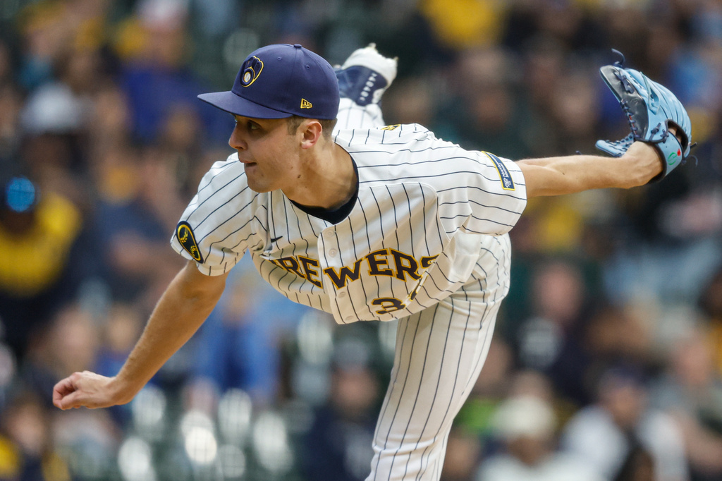Milwaukee Brewers pitcher Jacob Misiorowski throws to the Pittsburgh Pirates during the first inning of a baseball game Saturday, April 25, 2026, in Milwaukee. (AP Photo/Jeffrey Phelps)