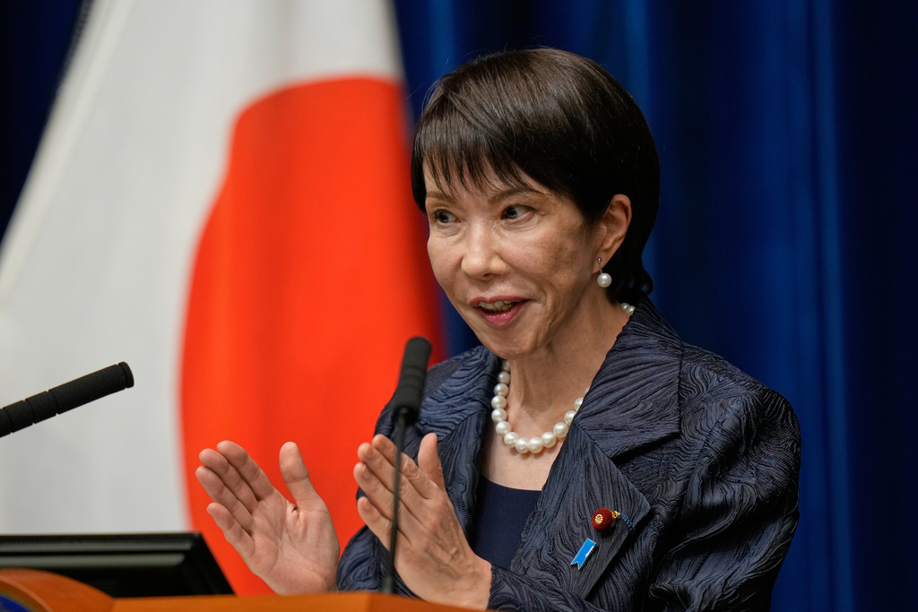 Japan's new Prime Minister Sanae Takaichi speaks during a press conference at the prime minister's office in Tokyo, Japan, Tuesday, Oct. 21, 2025.(AP Photo/Eugene Hoshiko, Pool)