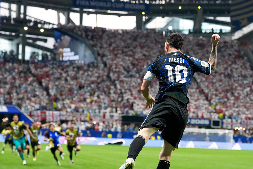 Argentina's Lionel Messi celebrates after teammate Lautaro Martinez scored their side's second goal during the World Cup semifinal soccer match between England and Argentina in Atlanta, Wednesday, July 15, 2026. (AP Photo/Rebecca Blackwell)