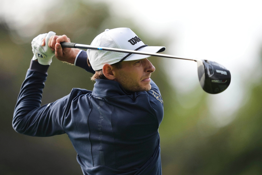 Sweden's Joakim Lagergren hits a tee shot during the second round of the Irish Open golf tournament, Friday, Sept. 5, 2025, at The K Club in Straffan, Ireland. (Brian Lawless/PA via AP)
