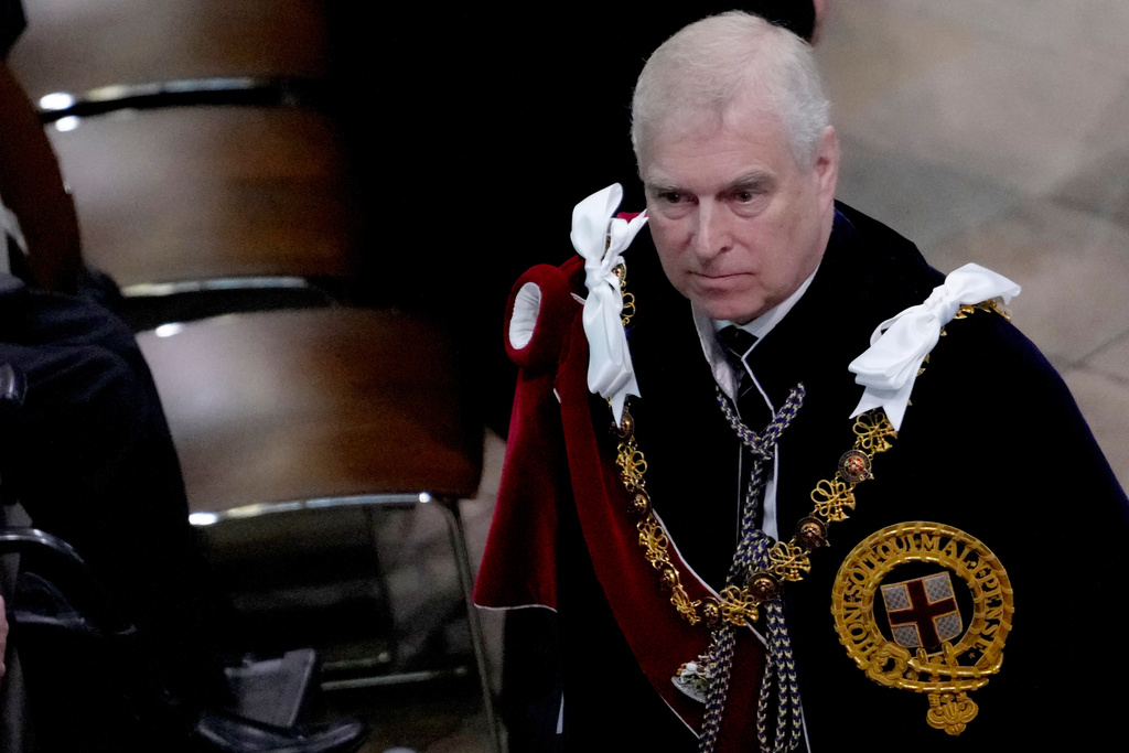 FILE - Britain's Prince Andrew during the coronation ceremony of Britain's King Charles III at Westminster Abbey in London Saturday, May 6, 2023. (AP Photo/Kirsty Wigglesworth, file)