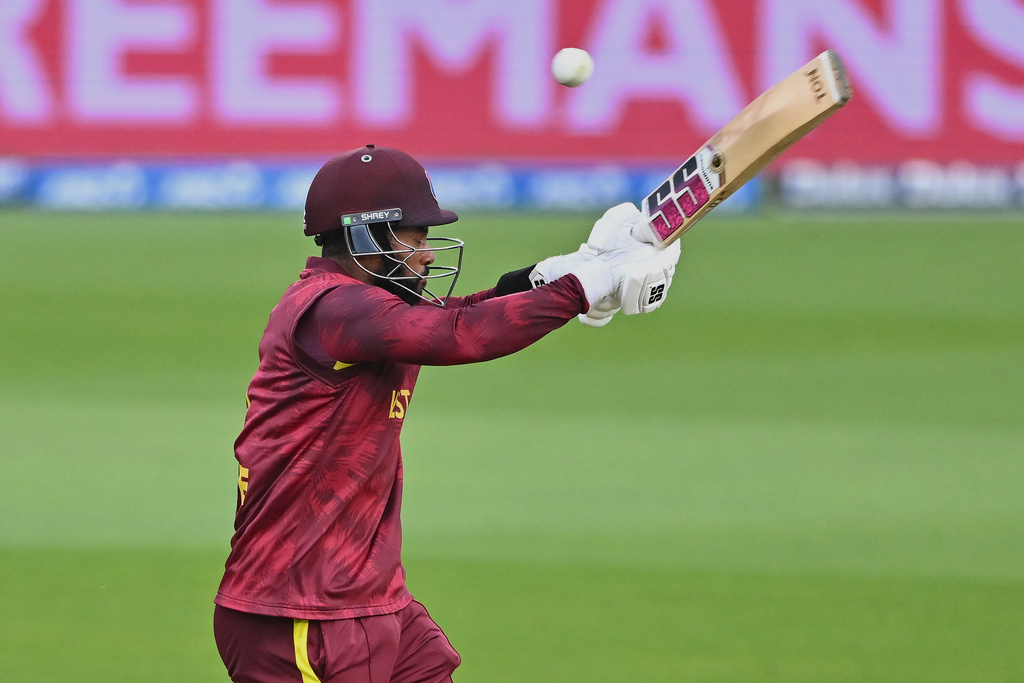 West Indies' Shai Hope bats against New Zealand during their One Day International cricket match in Napier, New Zealand, Wednesday Nov. 19, 2025. (Kerry Marshall/Photosport via AP)