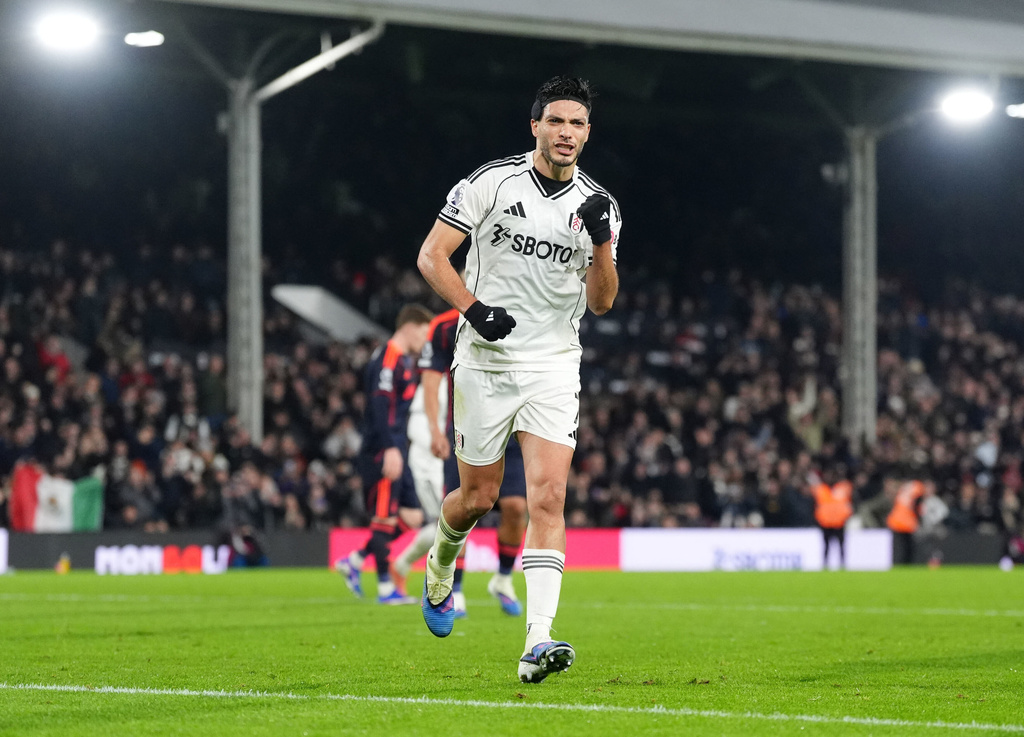 Fulham's Raul Jimenez celebrates scoring their side's first goal of the game during the Premier League match between NottinghamForest and Fulham, in London, Monday Dec. 22, 2025. (Adam Davy/PA via AP)