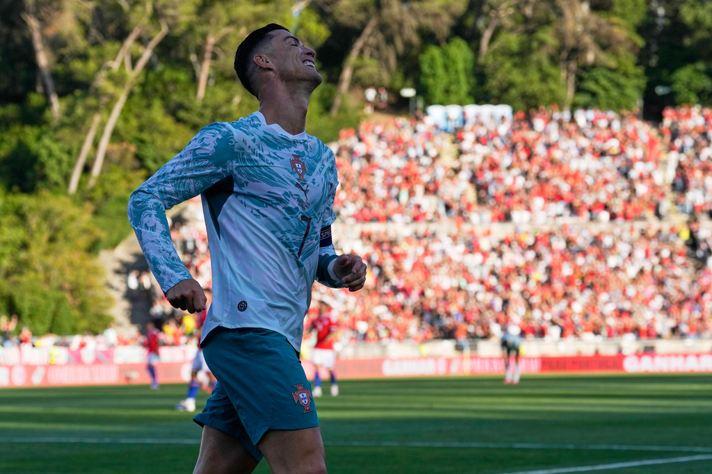 Portugal's Cristiano Ronaldo reacts during an international friendly soccer match between Portugal and Chile in Oeiras, outside Lisbon, Saturday, June 6, 2026. (AP Photo/Armando Franca)