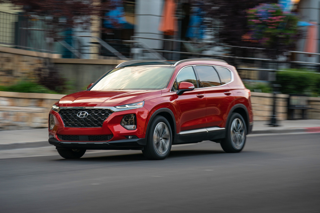 This photo provided by Hyundai shows the 2019 Santa Fe, a midsize SUV with an array of standard driver assist features to help keep a teen driver safe on the road. (Courtesy of Hyundai Motor America via AP)
