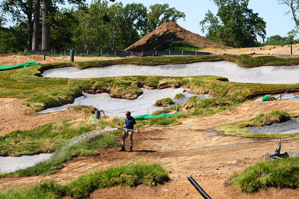 Construction is under way at the Cobbs Creek Golf Club in Philadelphia, Tuesday, May 12, 2026. (AP Photo/Matt Rourke)