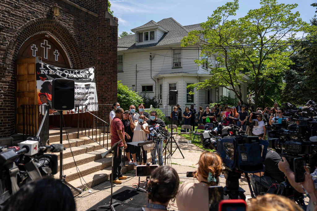 Family members including Maria Cornejo, mother of Edwin Lopez-Cornejo, speak during a news conference, Tuesday, Aug. 4, 2026, in Highland Park, N.J. (AP Photo/Yuki Iwamura)