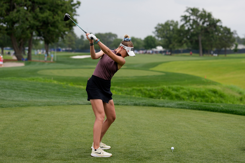 Nelly Korda hits her tee shot on the third hole during the final round of the Chevron Championship LPGA golf tournament Sunday, April 26, 2026, in Houston. (AP Photo/David J. Phillip)