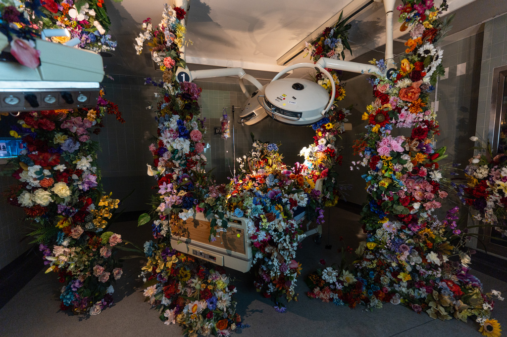 A botanical installation by artist Lisa Waud titled "DRIP" is displayed during the "Hospital of Emotions" exhibition inside a former hospital building in Los Angeles, Wednesday, July 22, 2026. (AP Photo/Jae C. Hong)