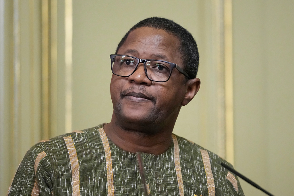 FILE -Burkina Faso Foreign Minister Karamoko Jean Marie Traore attends a joint news conference following a meeting of Russian foreign Minister Sergey Lavrov with foreign Ministers of the Confederation of Sahel States in Moscow, Russia, April 3, 2025. (AP Photo/Pavel Bednyakov, Pool, File)