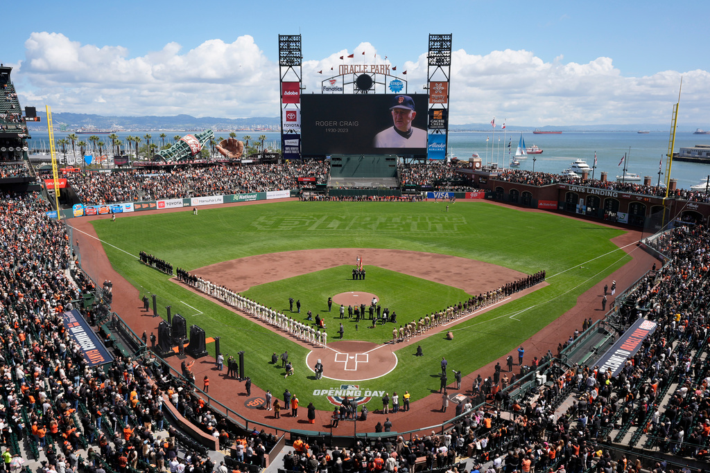 FILE - Former San Francisco Giants manager Roger Craig is shown on the video board as the team honors former members who died before a baseball game between the Giants and the San Diego Padres in San Francisco, Friday, April 5, 2024. (AP Photo/Eric Risberg,File)