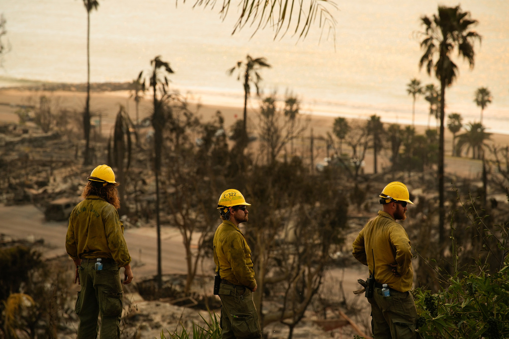 FILE - Fire crews watch the devastation from the Palisades Fire in the Pacific Palisades neighborhood of Los Angeles, Jan. 11, 2025. (AP Photo/John Locher, File)
