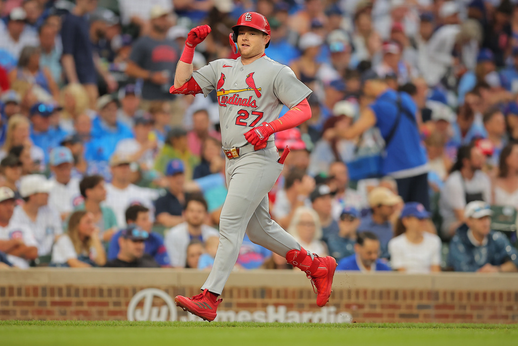 St. Louis Cardinals' Nathan Church celebrates after hitting a three-run home run during the second inning of a baseball game against the Chicago Cubs, Friday, July 3, 2026, in Chicago. (AP Photo/Melissa Tamez)