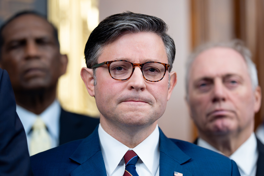 Speaker of the House Mike Johnson, R-La., pauses during a news conference on day 28 of the government shutdown, at the Capitol in Washington, Tuesday, Oct. 28, 2025. (AP Photo/J. Scott Applewhite)