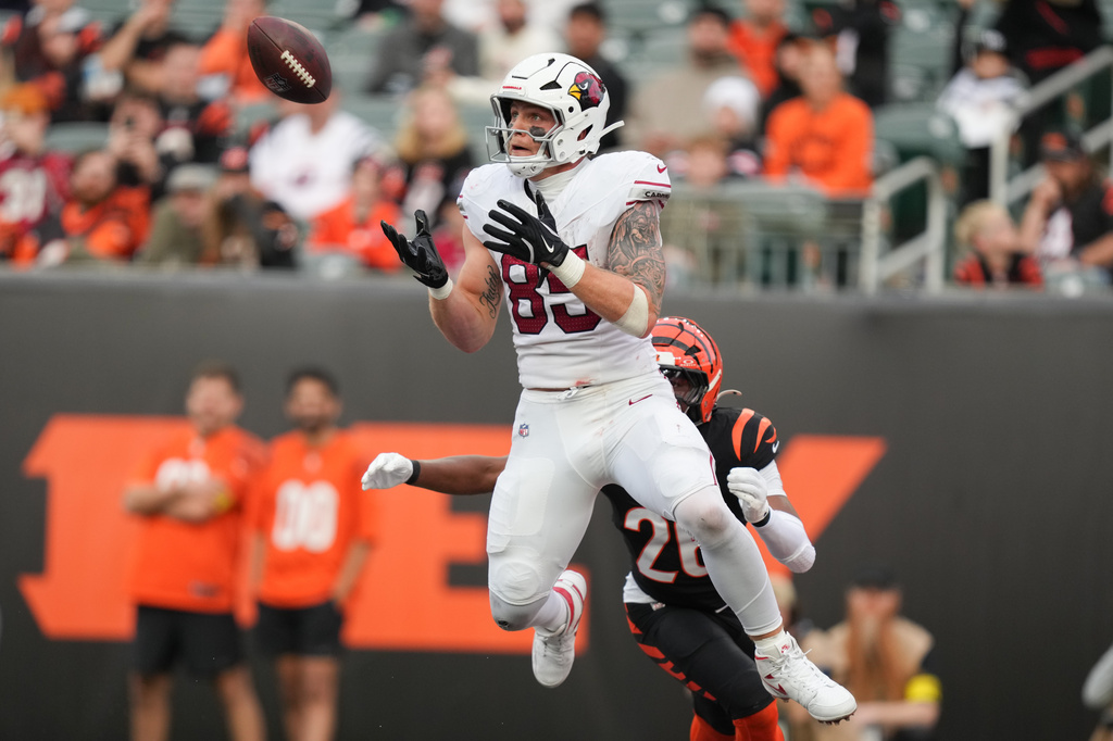 FILE - Arizona Cardinals tight end Trey McBride (85) catches a touchdown pass in the end zone during the second half of an NFL football game against the Cincinnati Bengals, Dec. 28, 2025, in Cincinnati. (AP Photo/Joshua A. Bickel, File)
